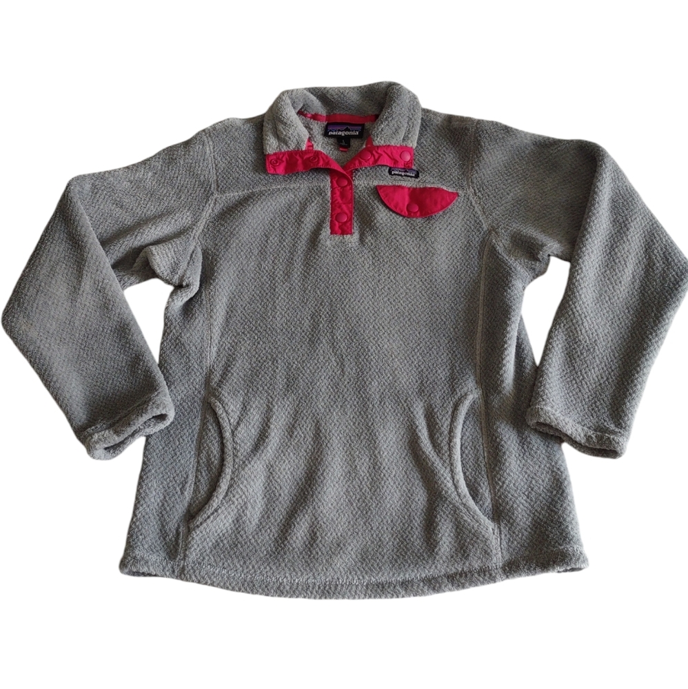 Patagonia Girl's Large(12) Pink Grey Re-Tool T-Snap Fleece Pullover Sweater